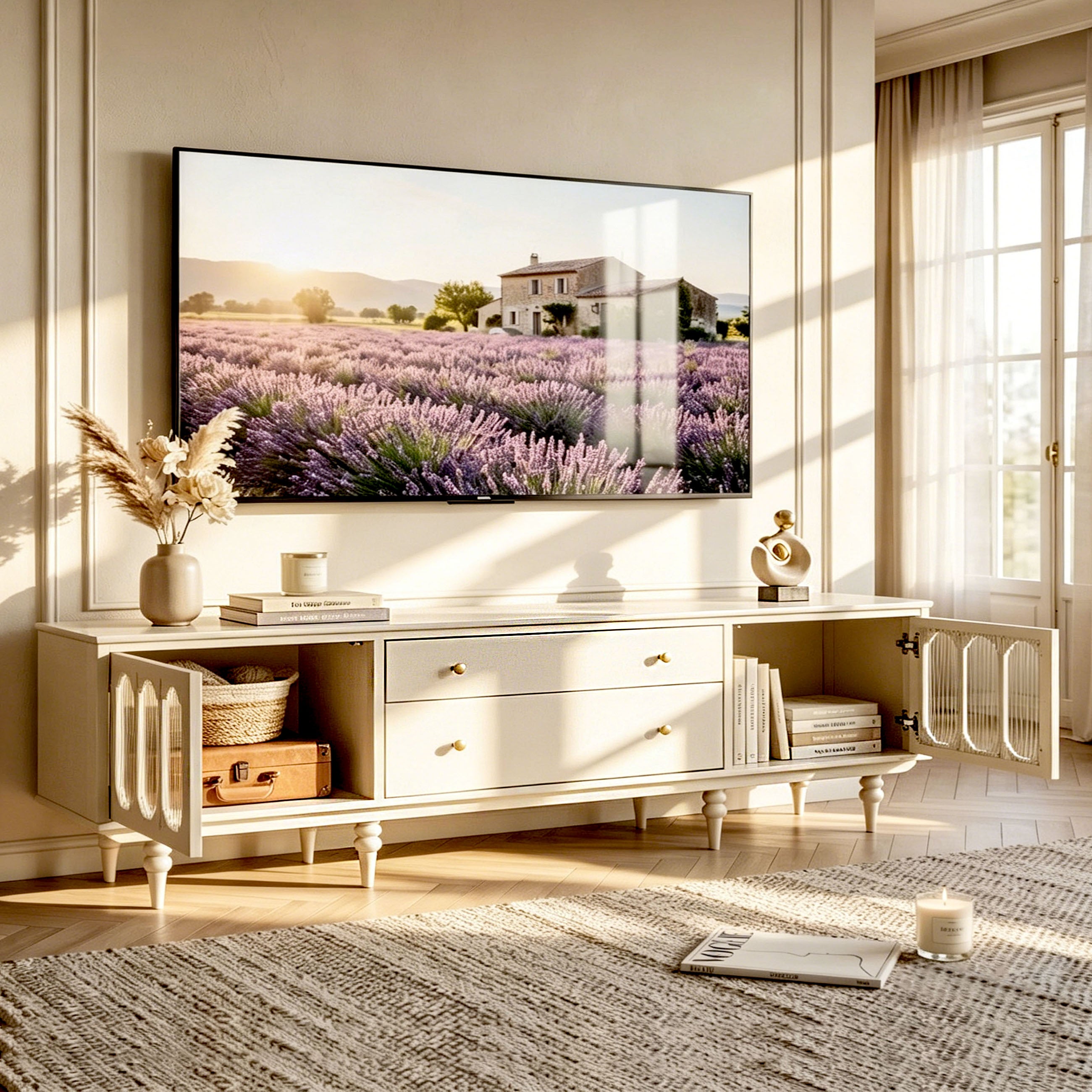78.74" French Country TV Stand for 75-85 Inch TVs, Cream White TV Console with Arched Fluted Glass Doors & Storage Drawers