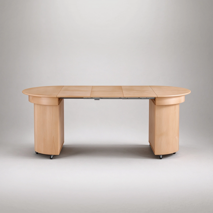 82.68" Modern Organic Style Stretchable Solid Wood Round/ Oval Table, with concealed storage space and casters, can accommodate 8-10 people
