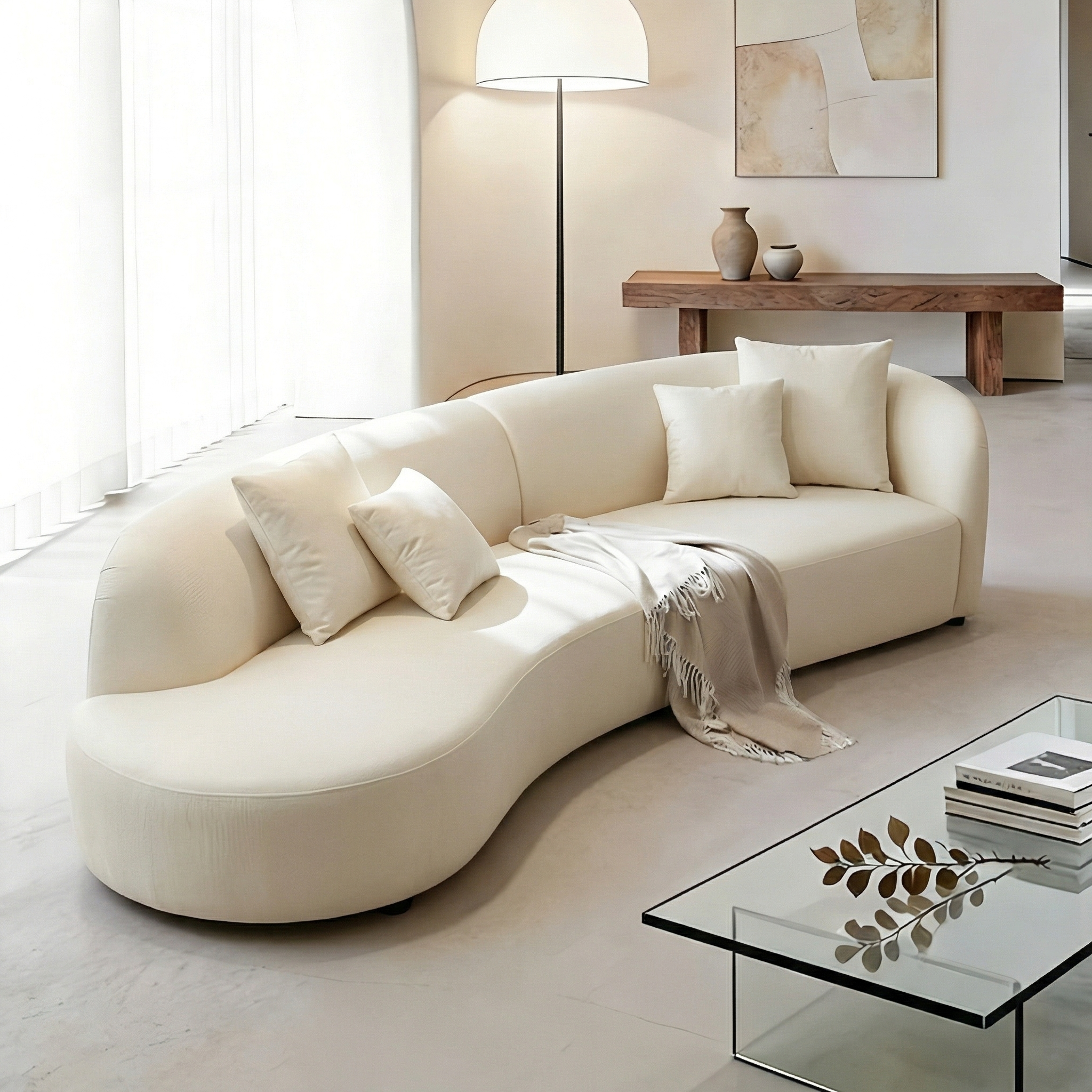 133.85-Inch Curved Cream Velvet Sofa, Seats 4, No Assembly Required - View 2
