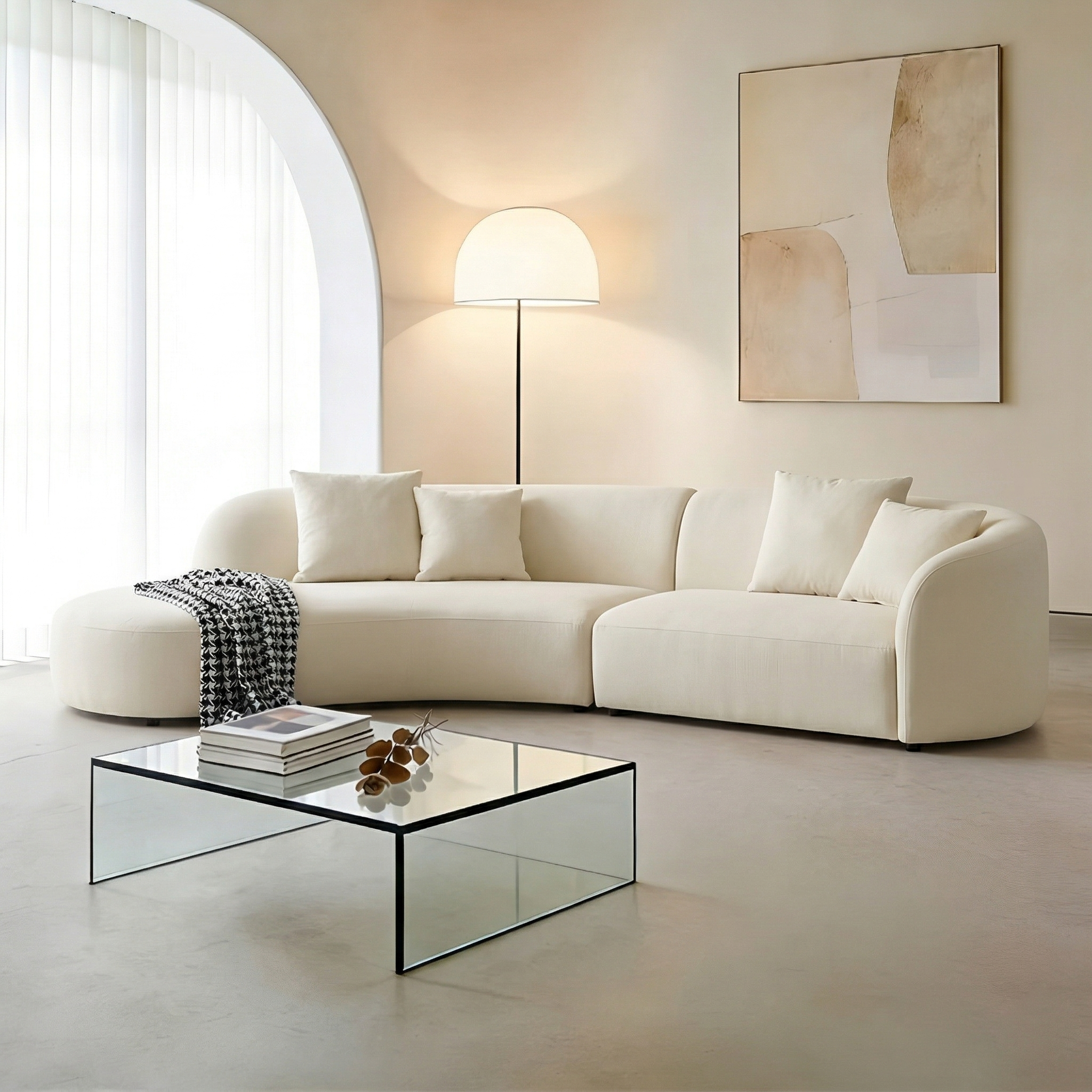 133.85-Inch Curved Cream Velvet Sofa, Seats 4, No Assembly Required - View 3