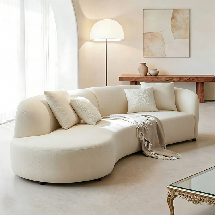 133.85-Inch Curved Cream Velvet Sofa, Seats 4, No Assembly Required - View 1