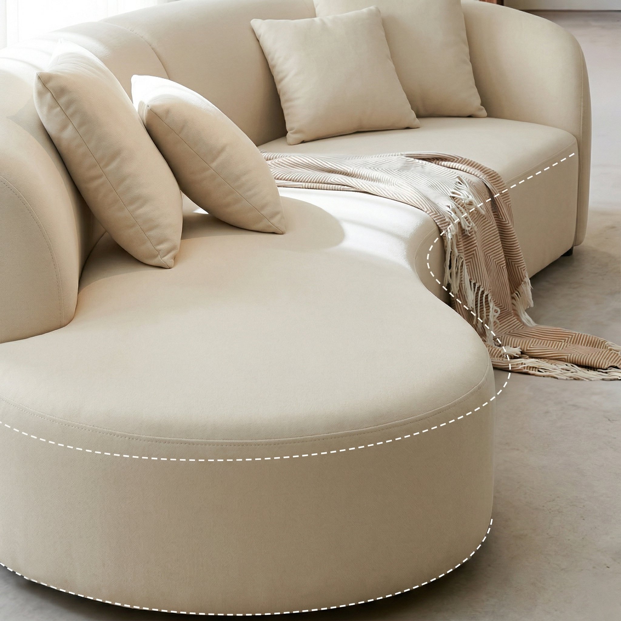 133.85-Inch Curved Cream Velvet Sofa, Seats 4, No Assembly Required - View 8