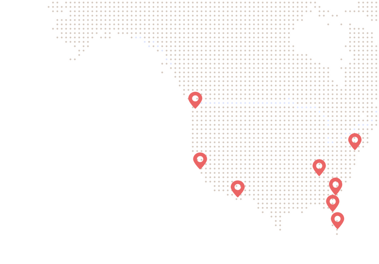Map of North America with delivery locations including Seattle, San Francisco, Los Angeles, New York, Atlanta, Savannah, Orlando and Miami