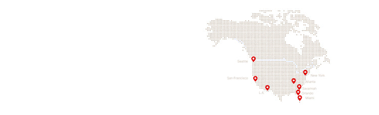 Map of North America with delivery locations including Seattle, San Francisco, Los Angeles, New York, Atlanta, Savannah, Orlando and Miami