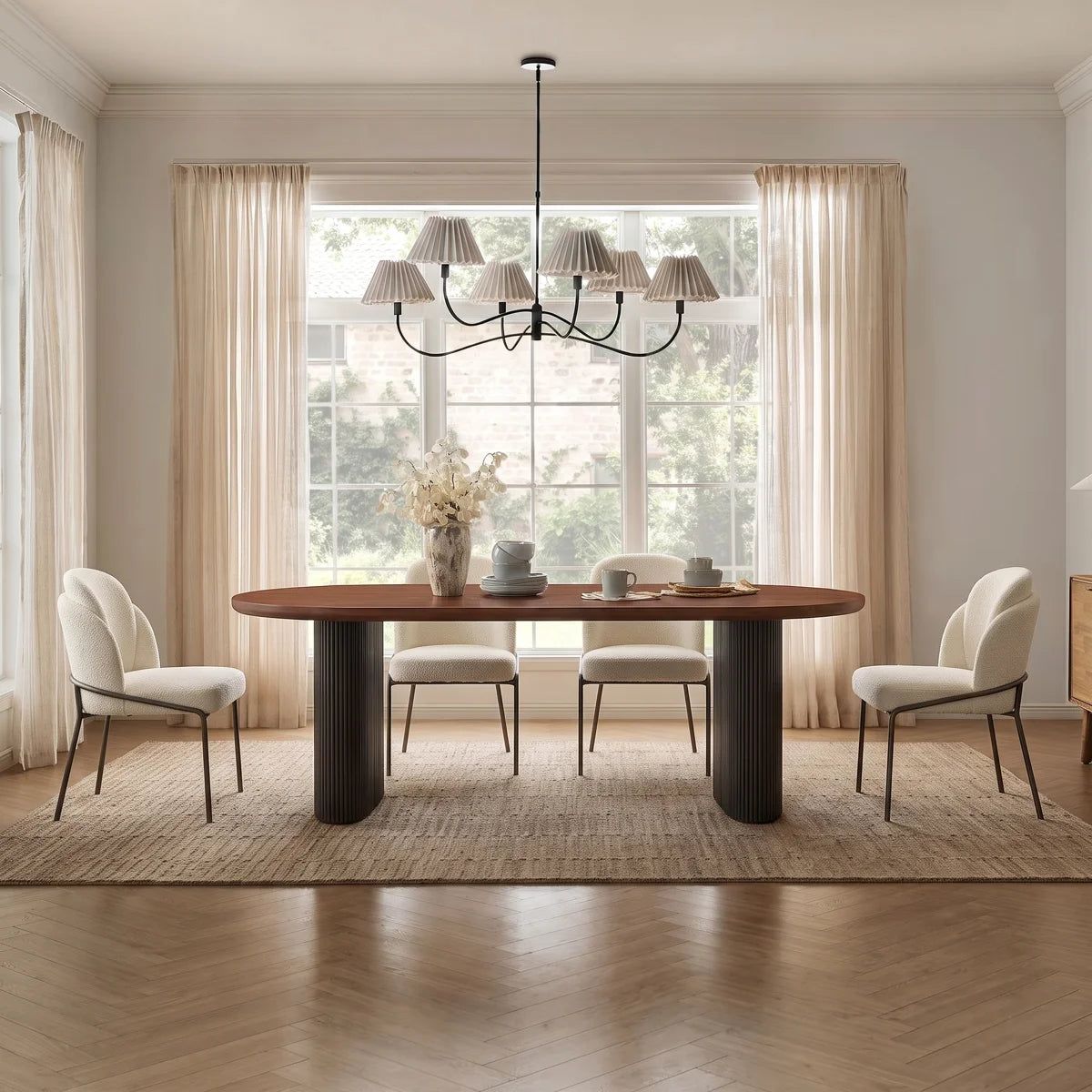 78.74" Walnut-Finish Oval Dining Table for 6–8 with 2" Thick Top and Black Fluted Double-Pedestal Base