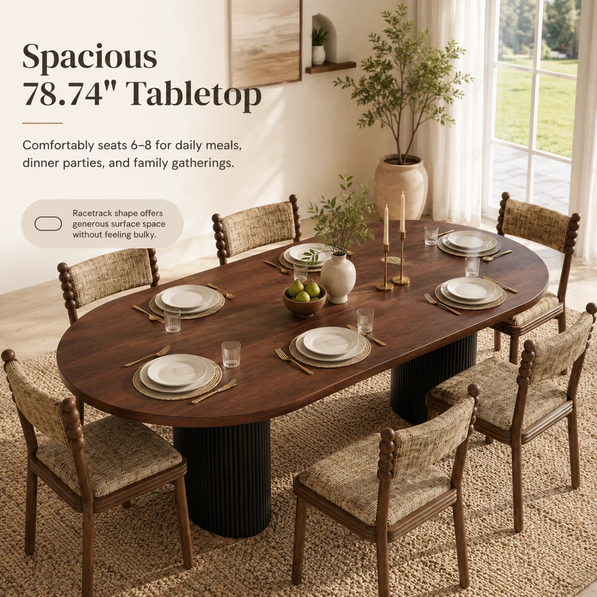 78.74" Walnut-Finish Oval Dining Table for 6–8 with 2" Thick Top and Black Fluted Double-Pedestal Base