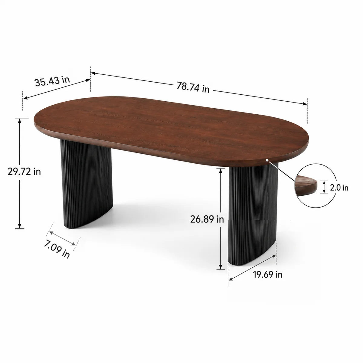 78.74" Walnut-Finish Oval Dining Table for 6–8 with 2" Thick Top and Black Fluted Double-Pedestal Base