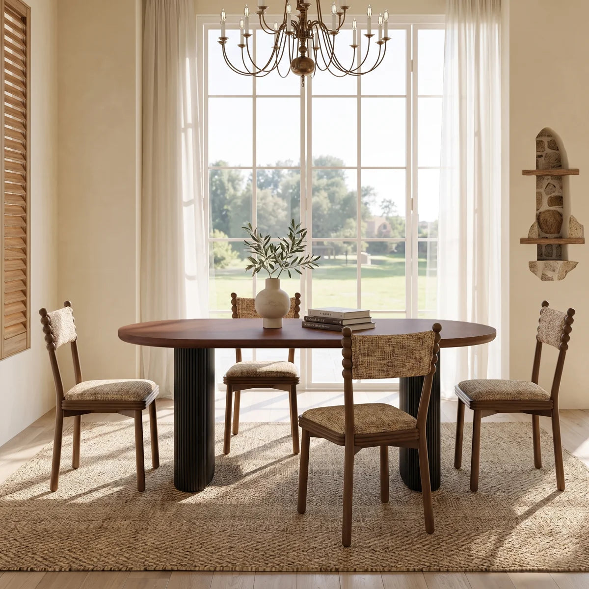 78.74" Walnut-Finish Oval Dining Table for 6–8 with 2" Thick Top and Black Fluted Double-Pedestal Base