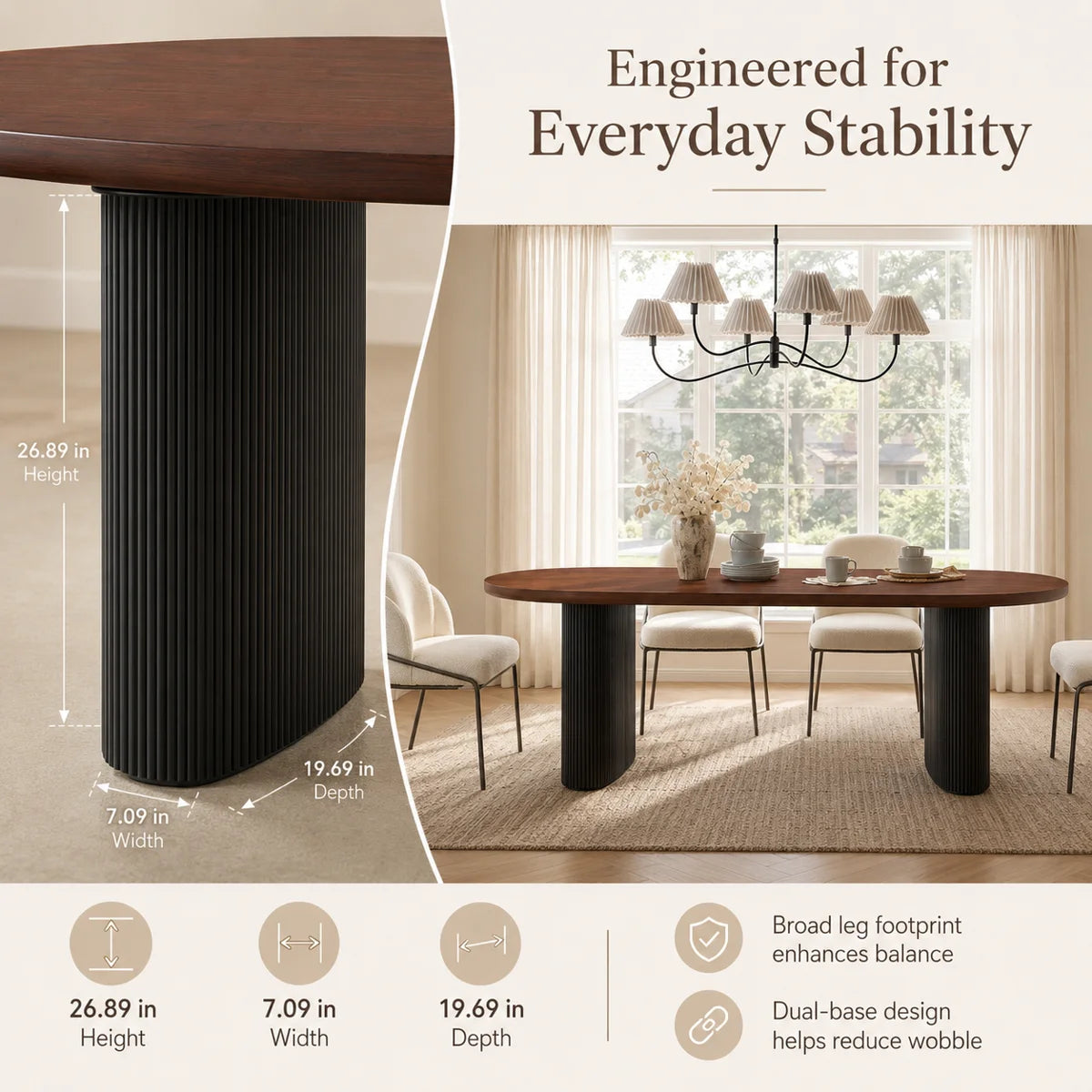 78.74" Walnut-Finish Oval Dining Table for 6–8 with 2" Thick Top and Black Fluted Double-Pedestal Base